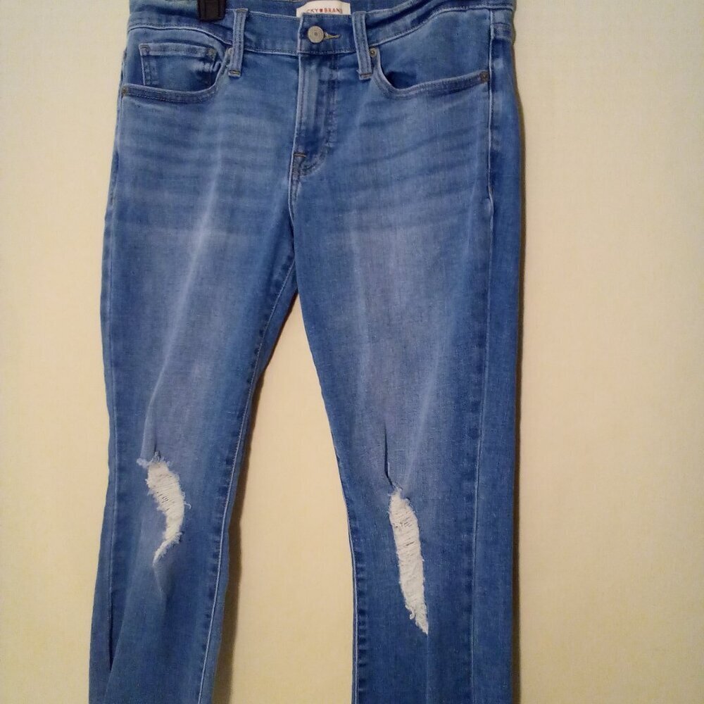 Lucky Brand Cropped Jeans Women 8 Distressed Cut Raw Hem Blue